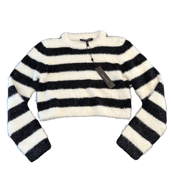 BCBG Maxazria Black Metallic & White Stripe Cropped Sweater Sz L NWT $250 - Picture 1 of 5